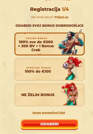 Izaberi svoj bonus dobrodošlice prilikom registracije u Posido casinu. Ekran registracije u 4 koraka – izbor bonusa dobrodošlice: casino bonus do €500 + 200 besplatnih vrtnji + 1 Bonus Crab, sportski bonus do €100 ili opcija bez bonusa.