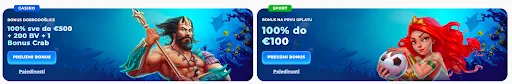 Iskoristi ekskluzivne bonuse dobrodošlice za casino i sportsko klađenje na Posido. Bonus dobrodošlice u casinu i sportu – 100% do €500 + 200 besplatnih vrtnji + 1 Bonus Crab za casino i 100% do €100 za sport.
